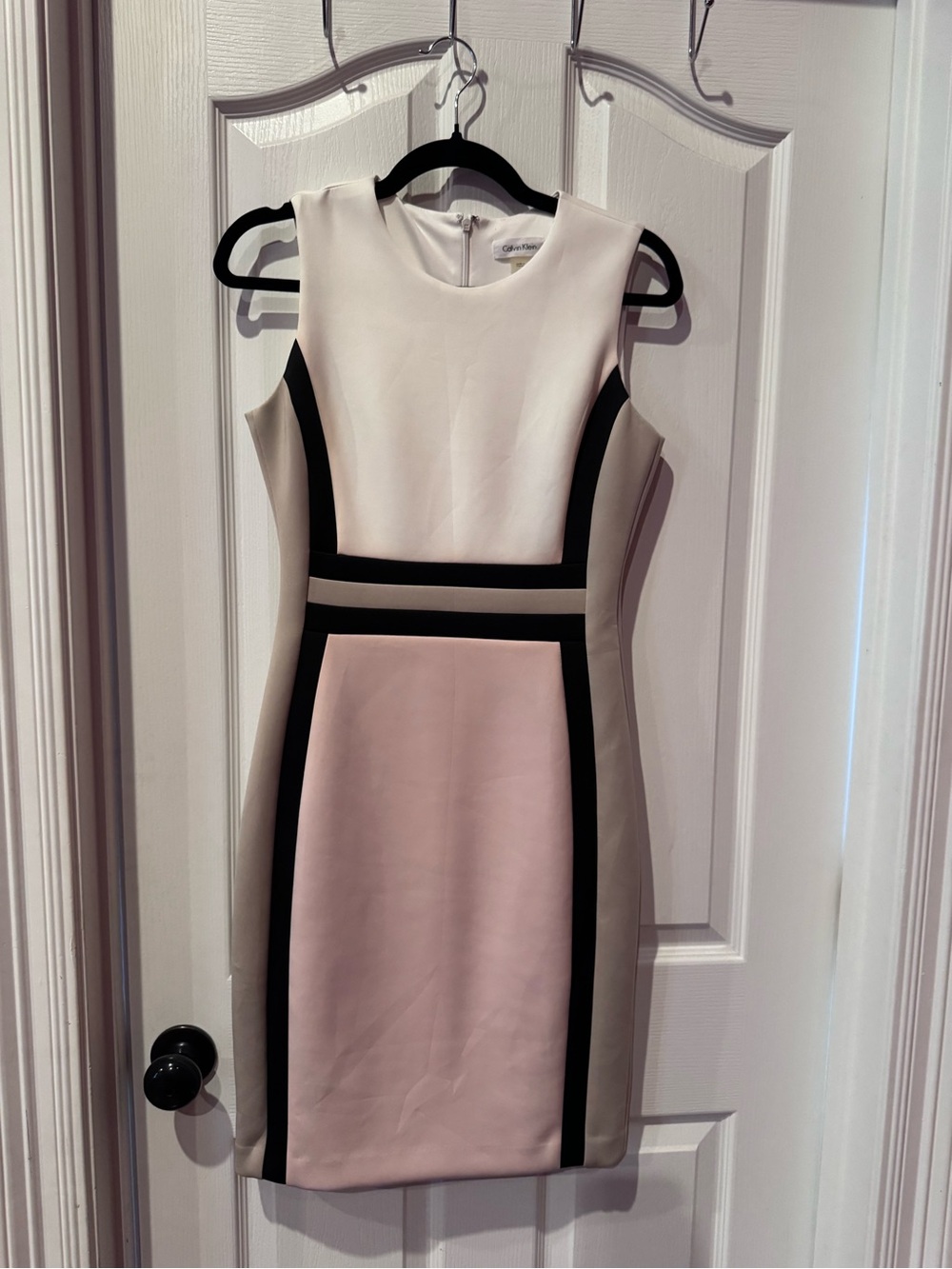 Calvin Klein White, Blush & Black Colorblock Midi Sheath Dress